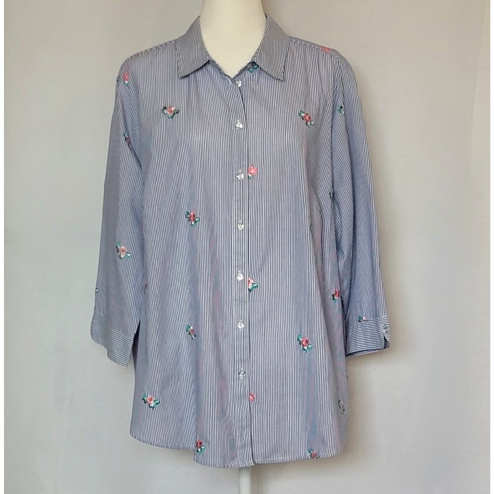 Allison Daley Plus Embroidered Floral Blue/White Stripe Womens Blouse Top Sz:22W